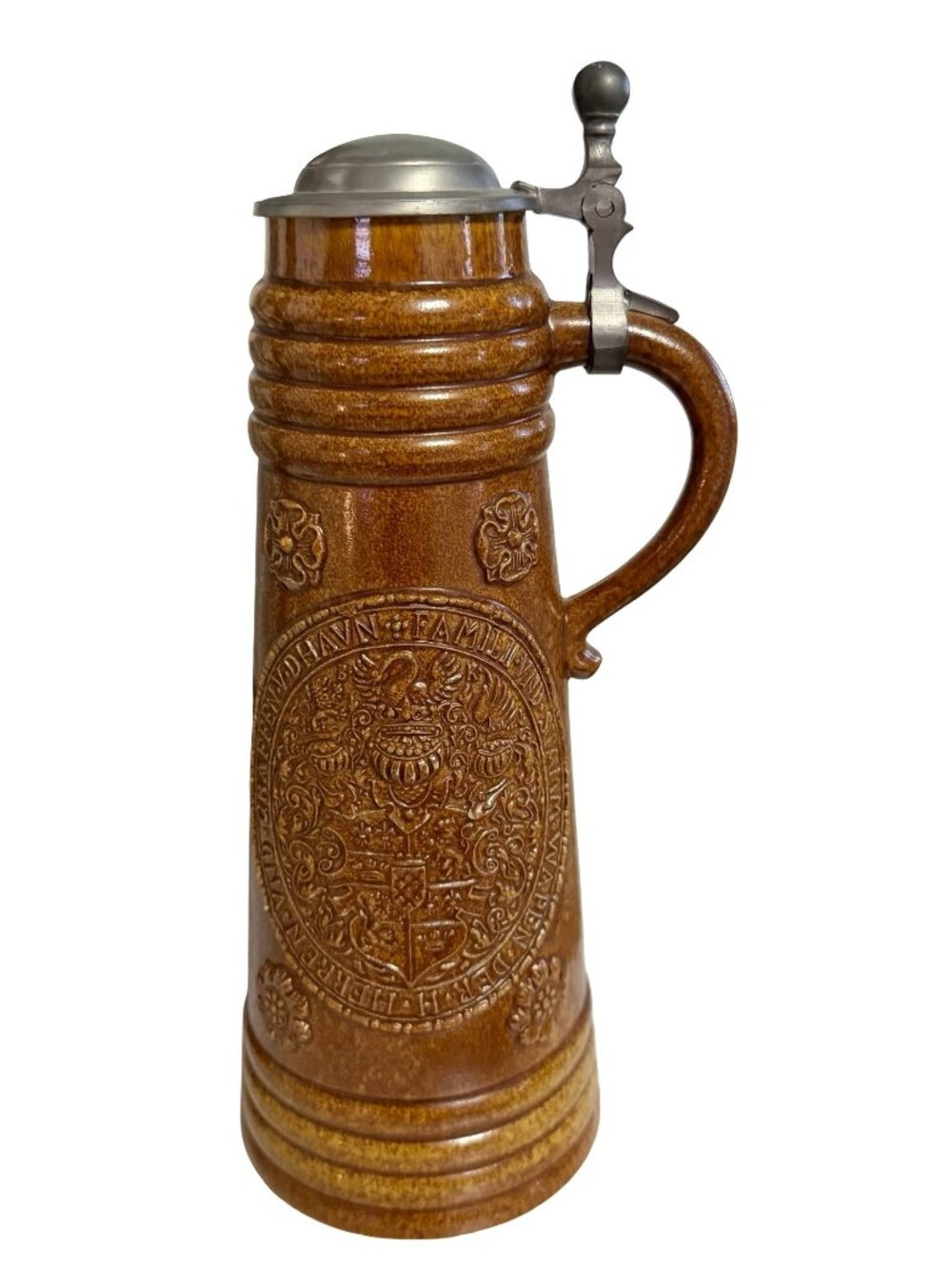 Vintage Brown Stoneware Beer Stein Heraldic Family Crest Equestrian Pewter Lid 1